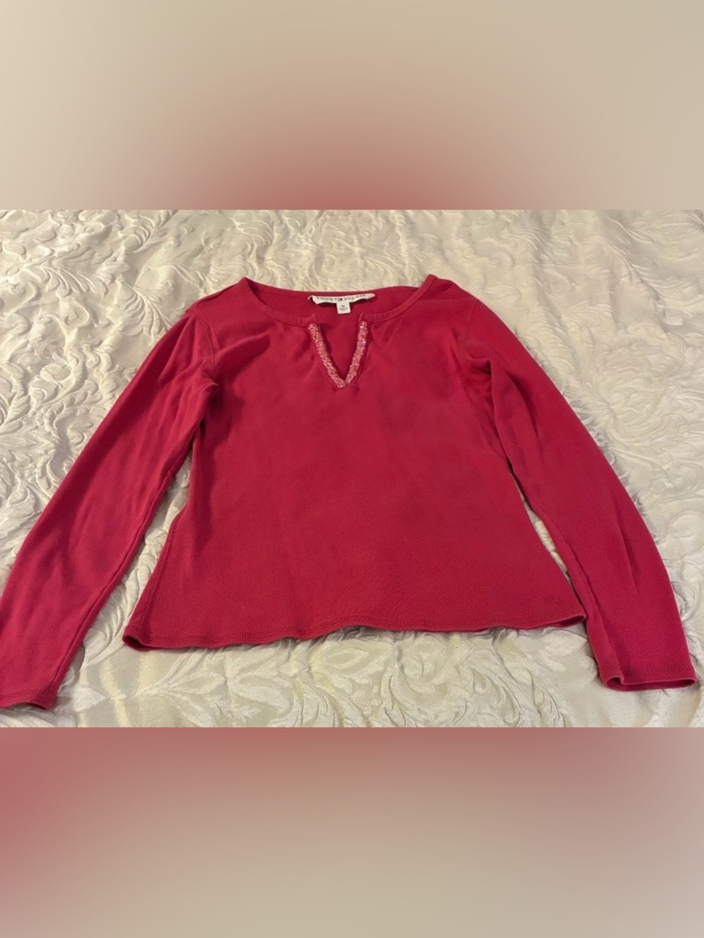 Y2K 2006 Tommy Hilfiger 100% Cotton Pink Long Sleeve Top with Beaded V-Notch